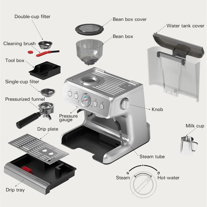 Semi-automatic Coffee Machine with Intelligent Temperature Control and Hot Water Function, 30 Grinding Settings