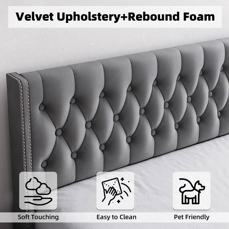 Upholstered Bed Frame with Velvet Headboard Wingback
