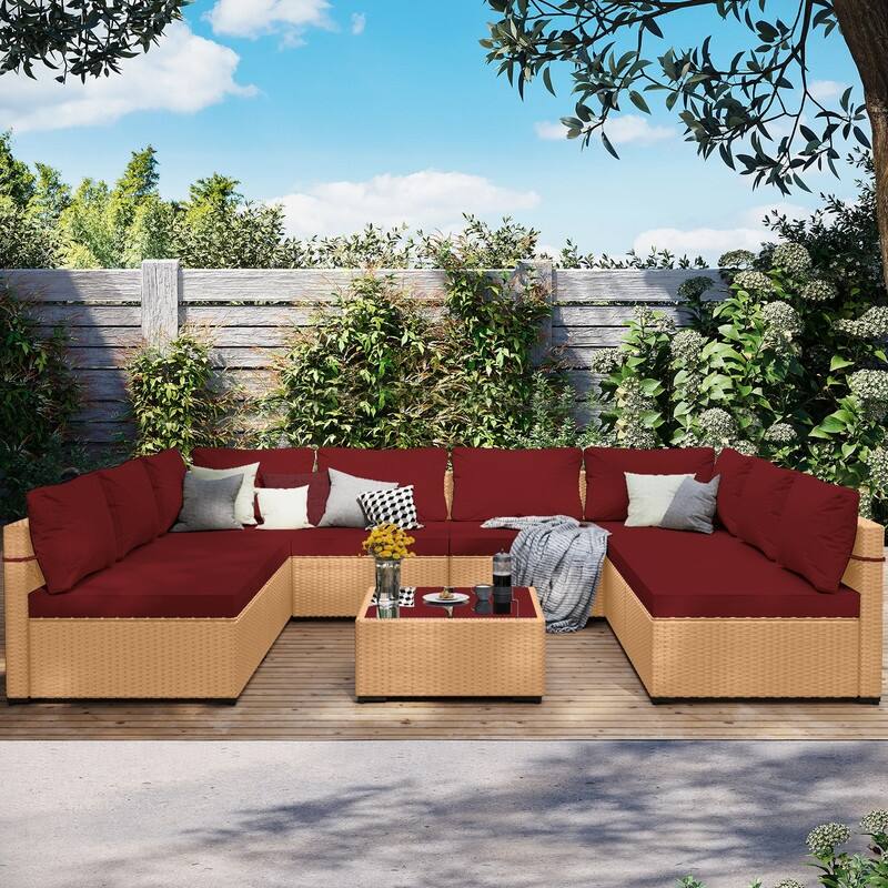 Patio Watcher Patio Conversation Set 9-Piece Yellow Wicker Sectional Seating Group with Cusions