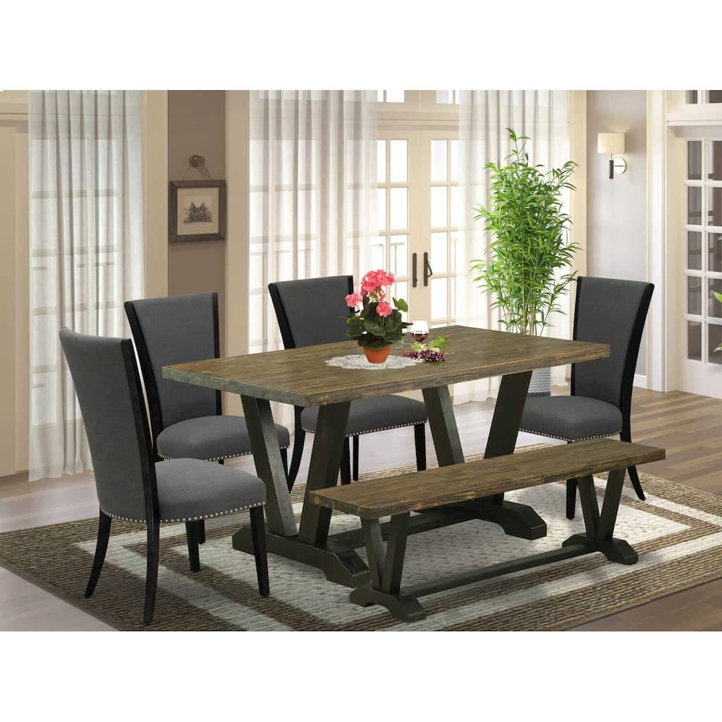 HomeStock 6-Piece Rectangle Distressed Jacobean Finish Solid Wood Top Dining Table with 1-Bench, 4-Chairs