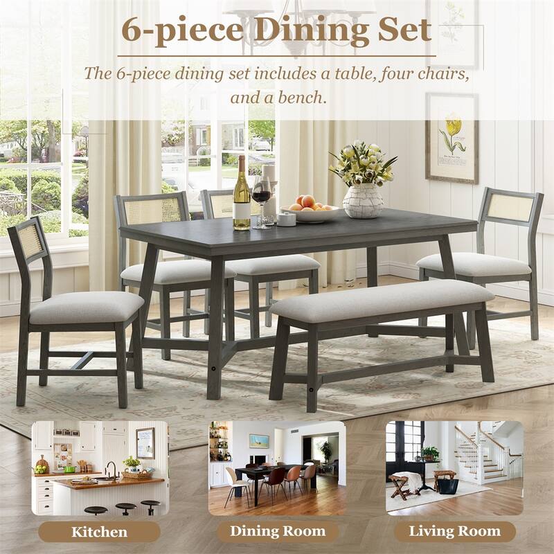6-piece Retro Dining Set with Table,4 Upholstered Chair and Bench
