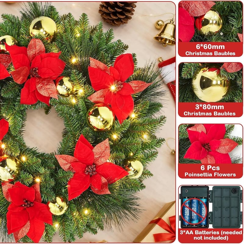 24 Inch Christmas Wreath Set of 6 with Pre-Lit Warm White LED Lights Battery Operated - N/A
