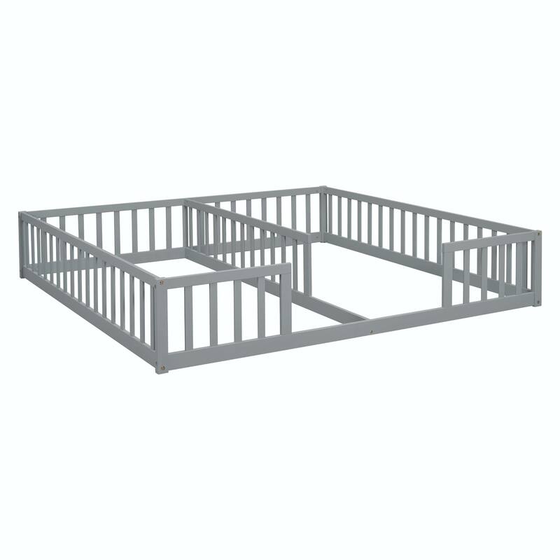 Double Twin Floor Bed with Fence and Guardrails, without door