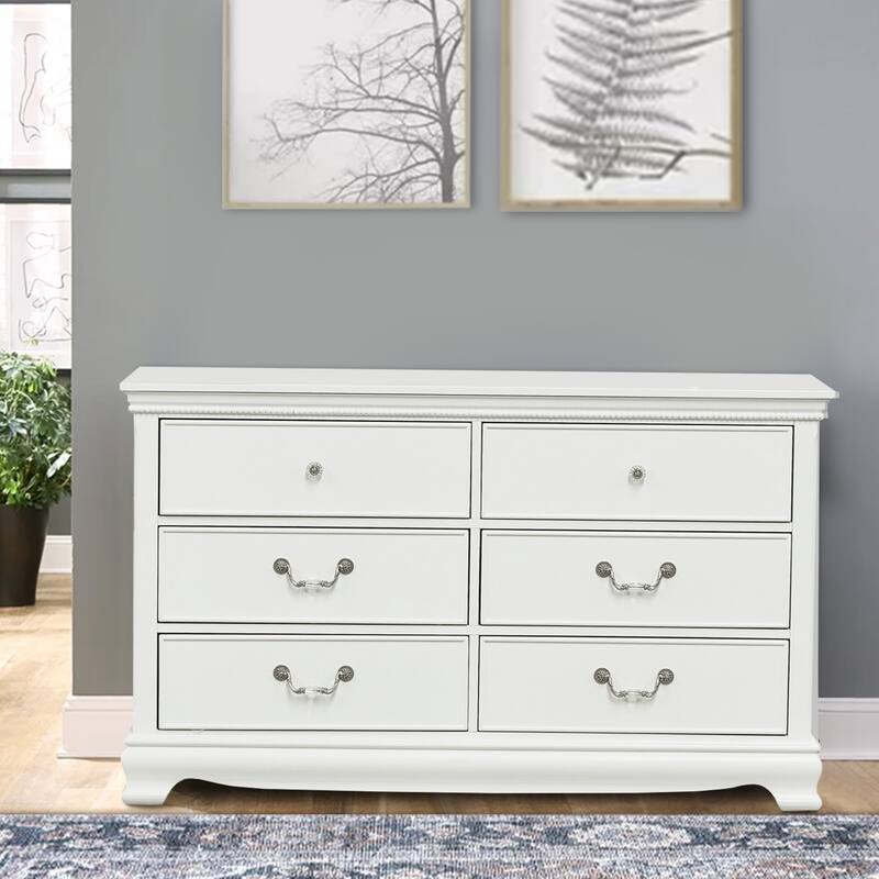 Finely Designed Wooden Dresser With 6 Drawers, White