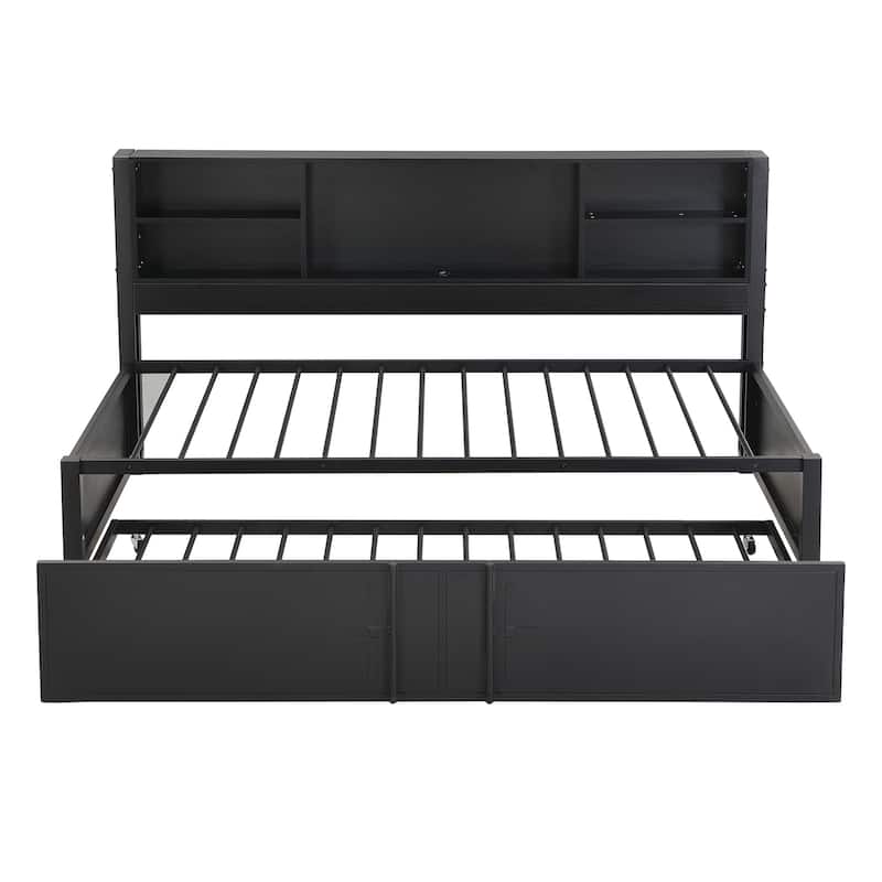 Twin Size Metal Daybed with Twin Size Trundle, Storage Shelves and USB Ports
