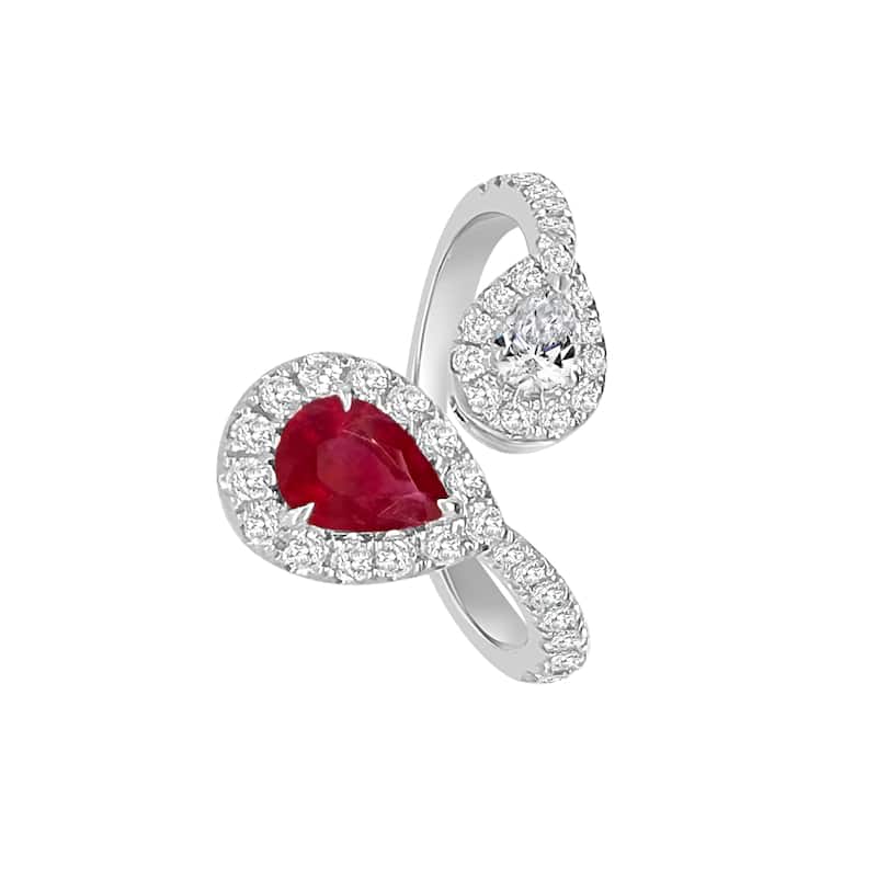 Auriya 14k Gold Lab Grown Ruby and Diamond Toi et Moi Double Halo Bypass Ring 0.48 ct. tw. (F-G, VS) - 8.5 - White
