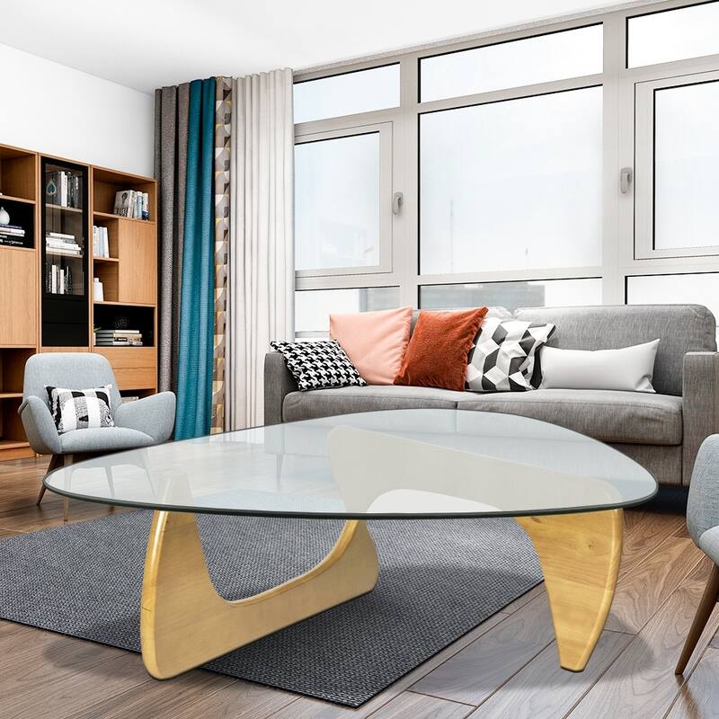 Triangle Glass Coffee Table with Solid Wood Base for Living Room