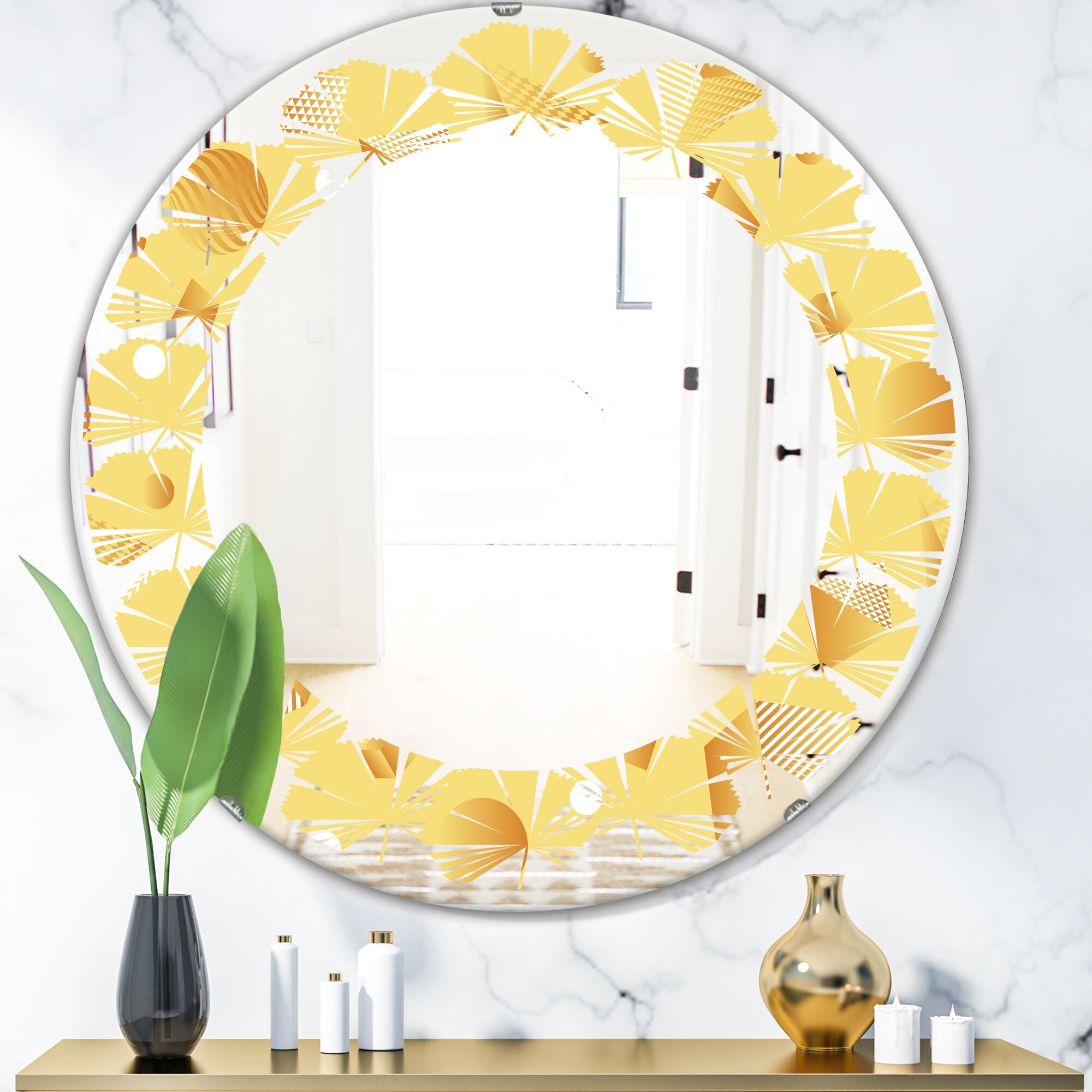 Designart Minimal Yellow Geometrical Shapes Modern Round Or Oval Wall Mirror Leaves On Sale Overstock 29924171 A mirror is an object that reflects an image.