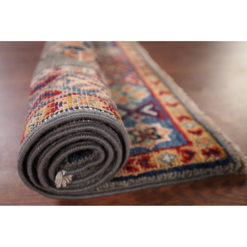 Hand Knotted Oriental 100% Wool Carpet Traditional Geometric Greys & Charcoal Kazak Area Rug - 3' 1'' X 2' 0''