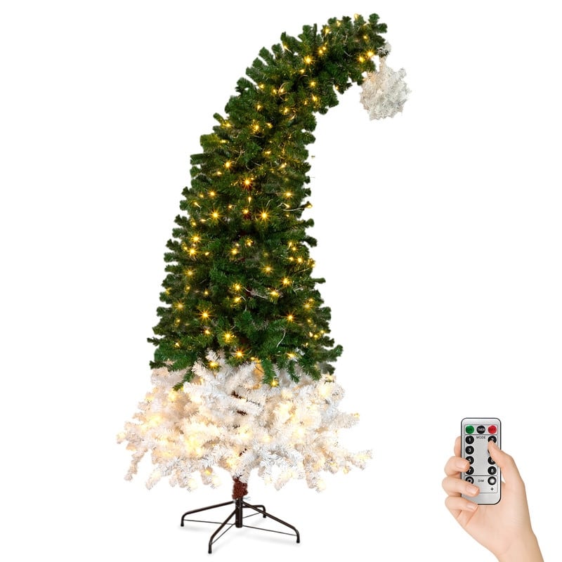 6 FT Santa Hat Style Pre-lit Christmas Tree, Hinged Artificial Xmas Tree Pine Tree for Holiday Party Store Office Home