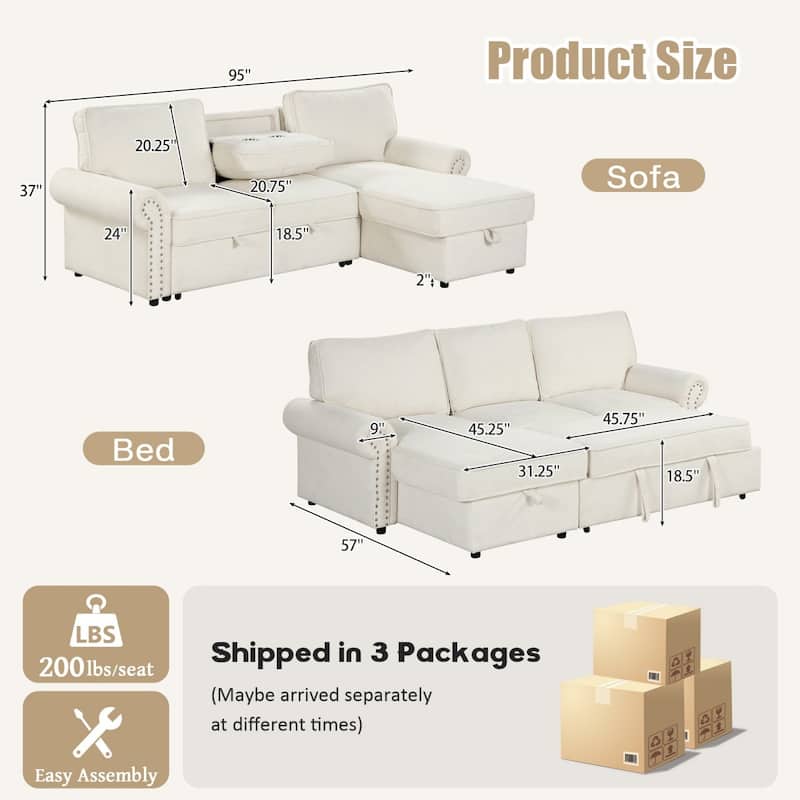 95" Convertible Sectional Sofa with Storage Chaise and Pull-Down Backrest
