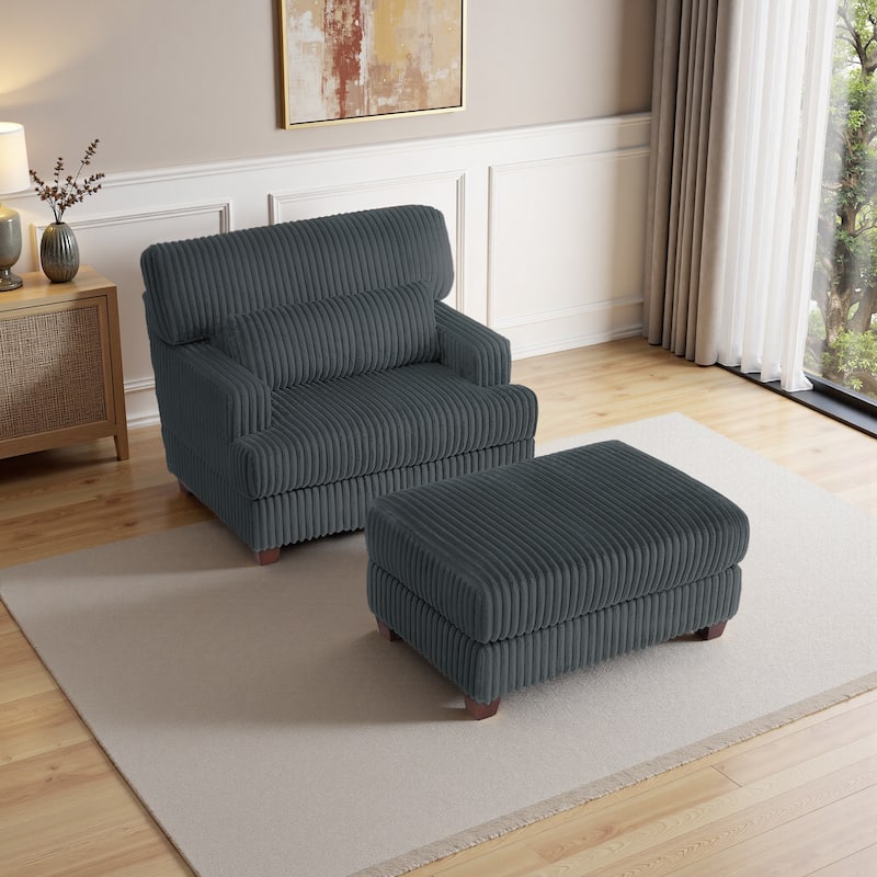 Modern Oversized Plush Corduroy Chaise Lounge Chair with Ottoman - Dark Grey