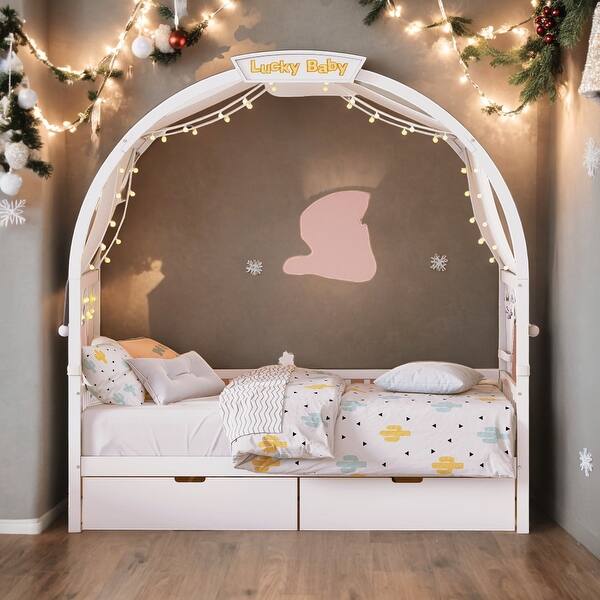 slide 2 of 20, Twin Ground-Level Canopy Bed with Tent and Drawers White