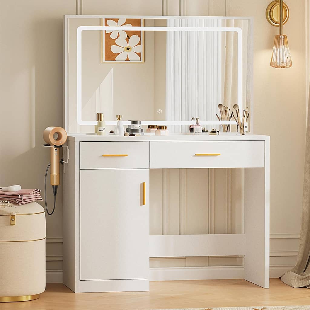 Rossetta 2-Drawer Makeup Vanity Table with Built-In Charging Stations, Big Storage
