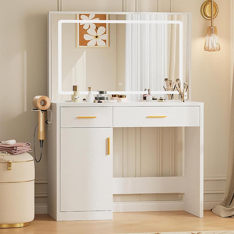 Rossetta 2-Drawer Makeup Vanity Table with Built-In Charging Stations, Big Storage