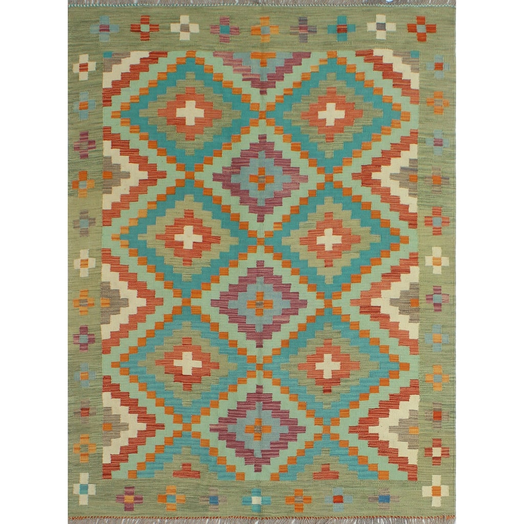 Sangat Flatweave Jamileh Turquoise/Ivory Rug - 4'10" x 6'7"