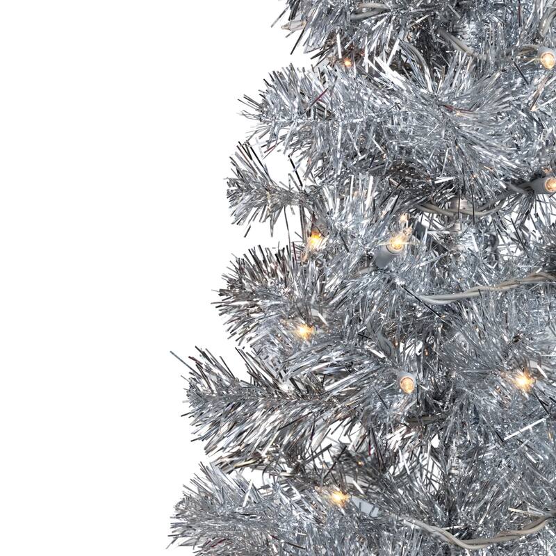 Pre-Lit Artificial Tinsel Christmas Tree - 3' - Silver - Clear Lights - 3 Foot