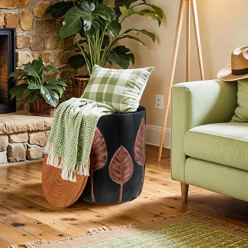 EROMMY Outdoor Side Table with Storage, Round Accent Table for Indoor and Outdoor Use, Rustic Side Table with Storage