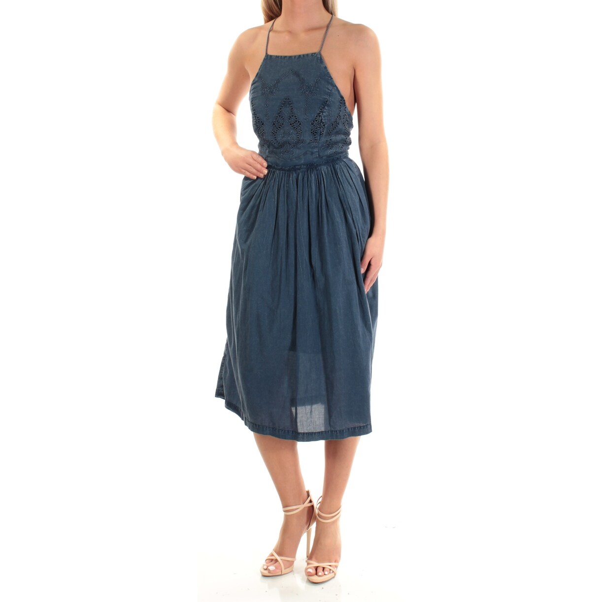 low back denim midi dress