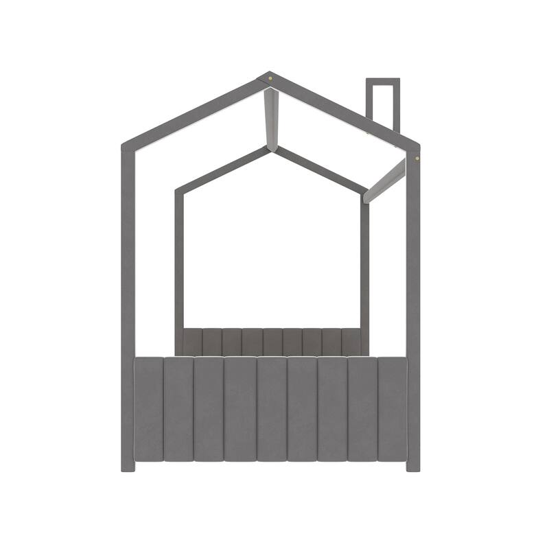 Modern Velvet Upholstered Playhouse Bed Frame with Wooden Slat Support