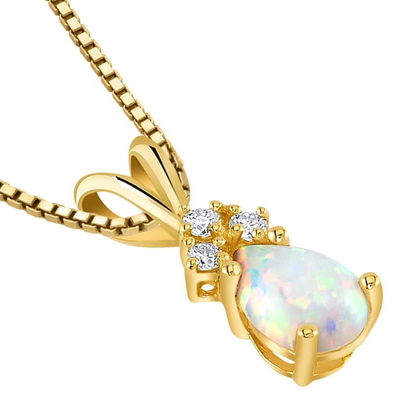 14k Yellow Gold Gold Pear Shape Created Opal Diamond Pendant