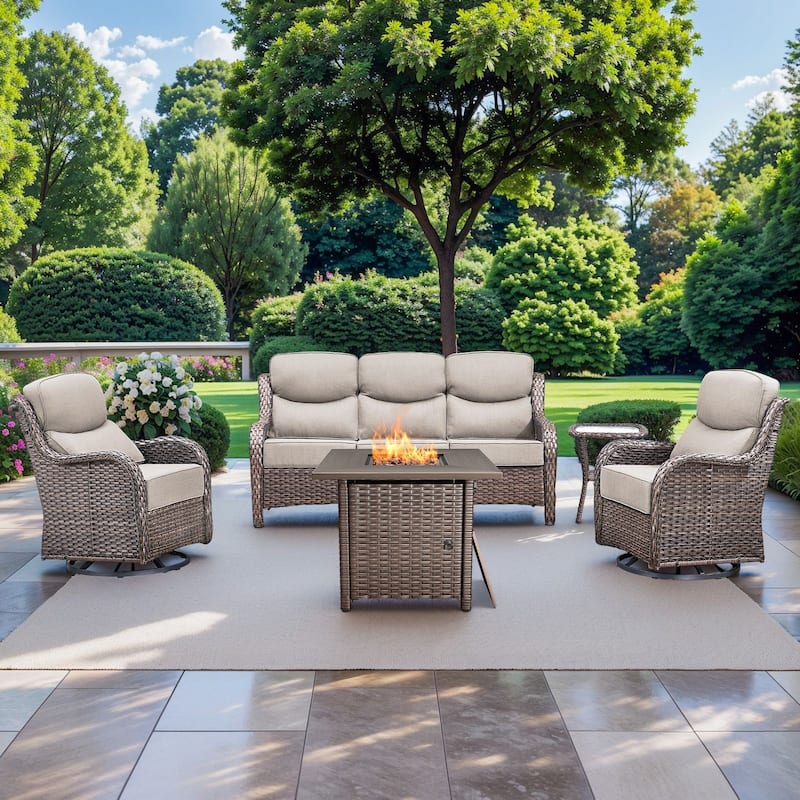 Pocassy Outdoor 6" Sofa Swivel Chair with Fire Pit Table - 5 Pieces Sofa Chair Table with Fire Table - Brown Wicker Beige Cushion