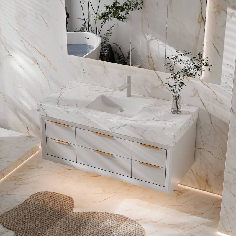 Modland 48" Modern Floating Bathroom Vanity with Single Sink, Soft-Close Drawers, White Stone Countertop