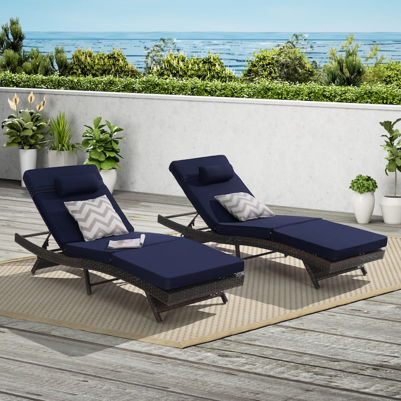 Outdoor Wicker Long Reclining Chair Set of 2, Wicker Reclining Lounge Chair Lawn Sunbathing Chairs for Beach Poolside Garden