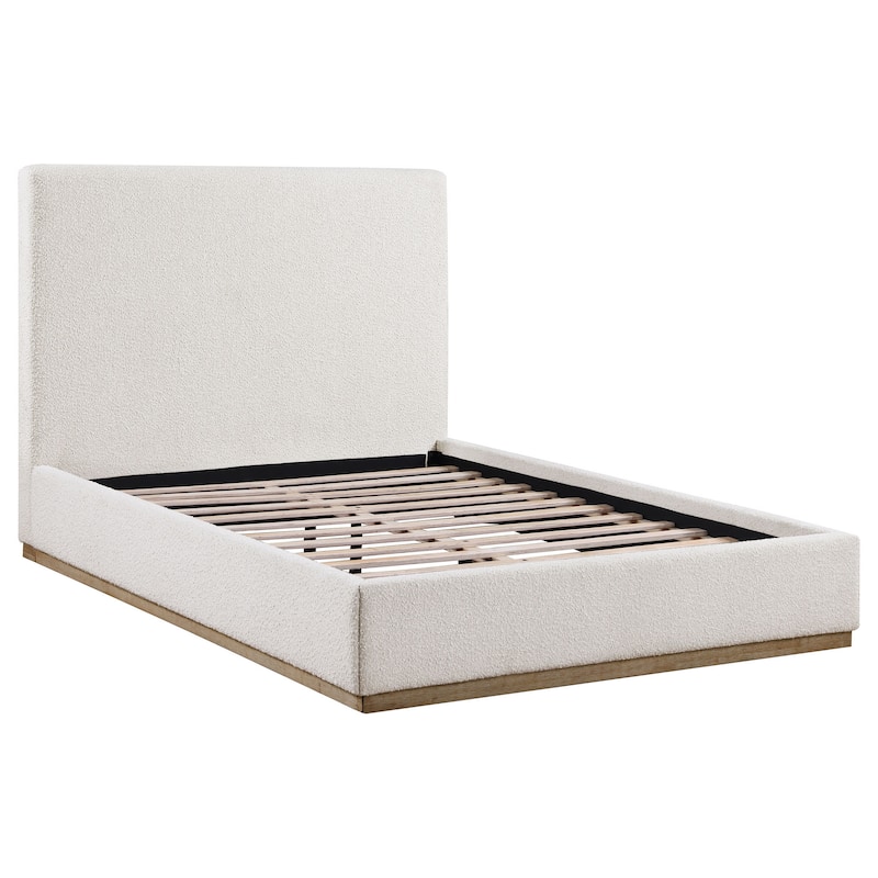 Ole Queen Size Bed, Upholstered Panel Headboard, Plinth Base, Gold, Ivory