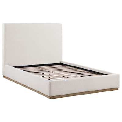 Ole Queen Size Bed, Upholstered Panel Headboard, Plinth Base, Gold, Ivory