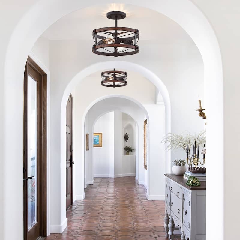 2-Light Black and Vintage Wood Rustic Semi-Flush Mount Ceiling Light - 15 in. W