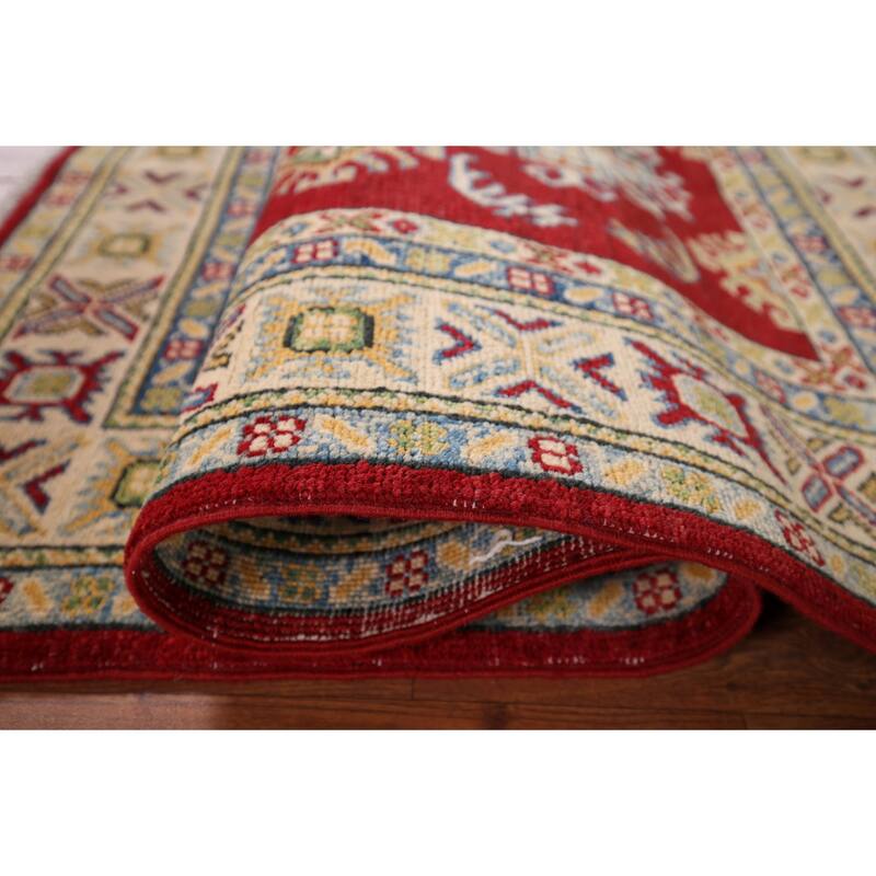 Red Geometric Kazak Foyer Rug Handmade Wool Carpet - 3'3" x 5'0"