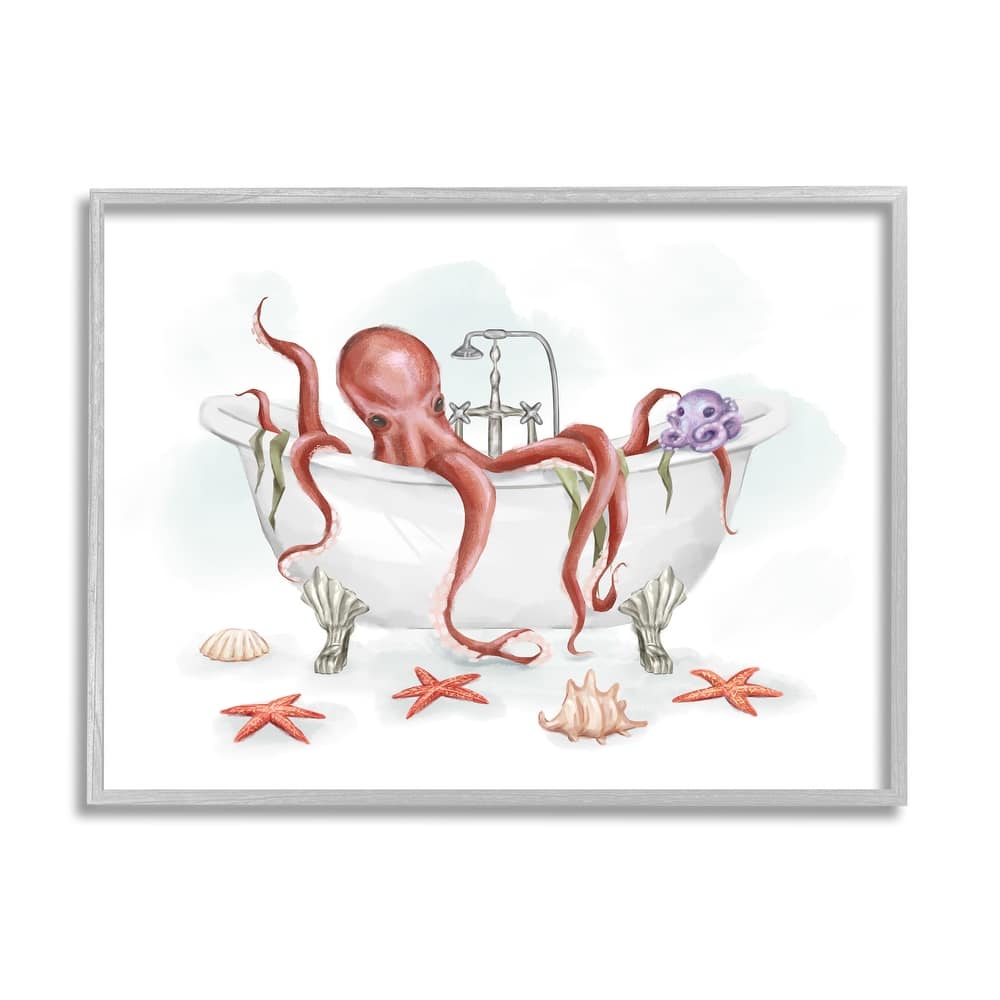 Stupell Red Octopus Nautical Claw Bath Sea Shells Framed Wall Art