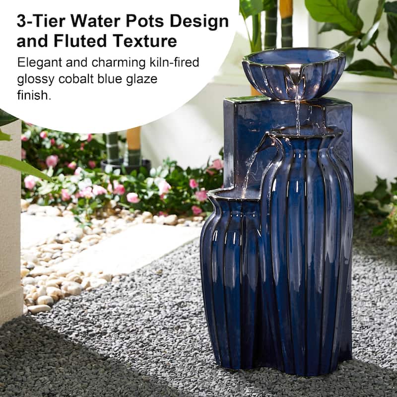 Glitzhome 26.75"H 3-Tiered Fluted Texture Ceramic Outdoor Floor Fountain with LED Lights