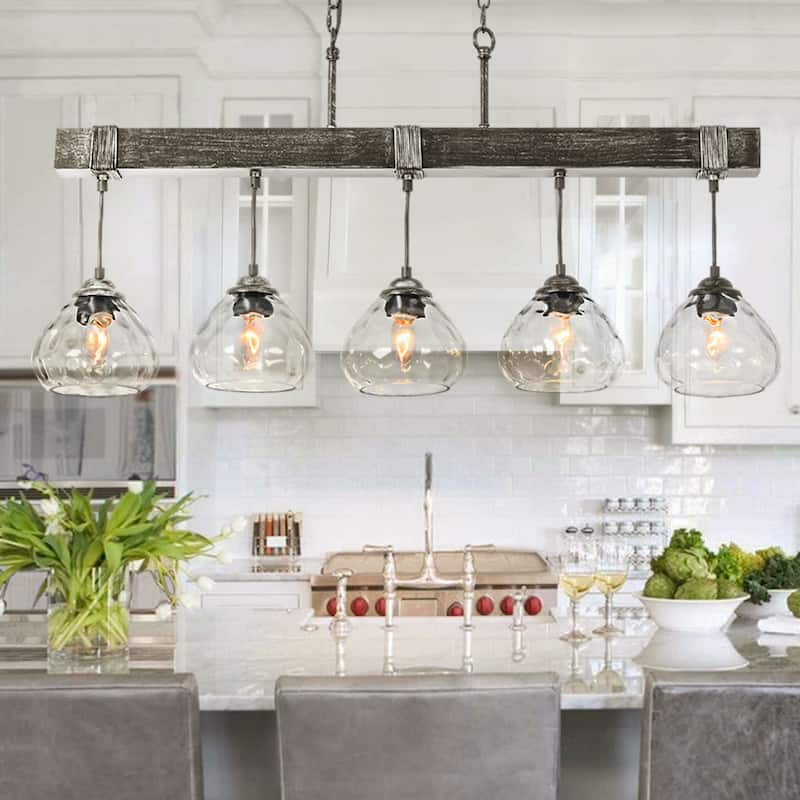 5 - Light Farmhouse Black Linear Glass Kitchen Island Pendant Light - 5 Light