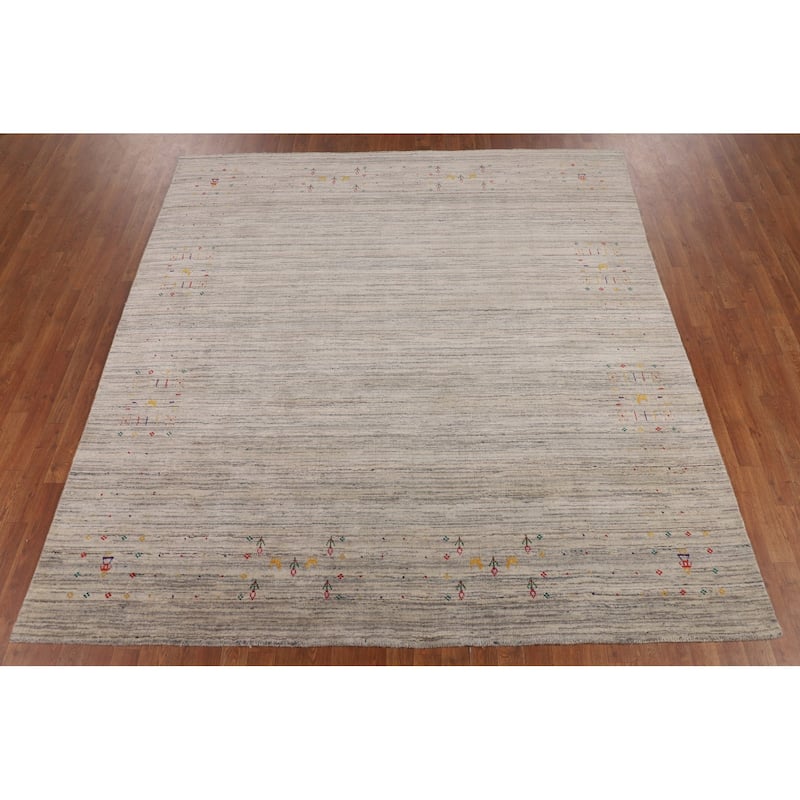 Striped Gabbeh Square Indian Square Area Rug Hand-Knotted Wool Carpet - 7'9"x 8'1"