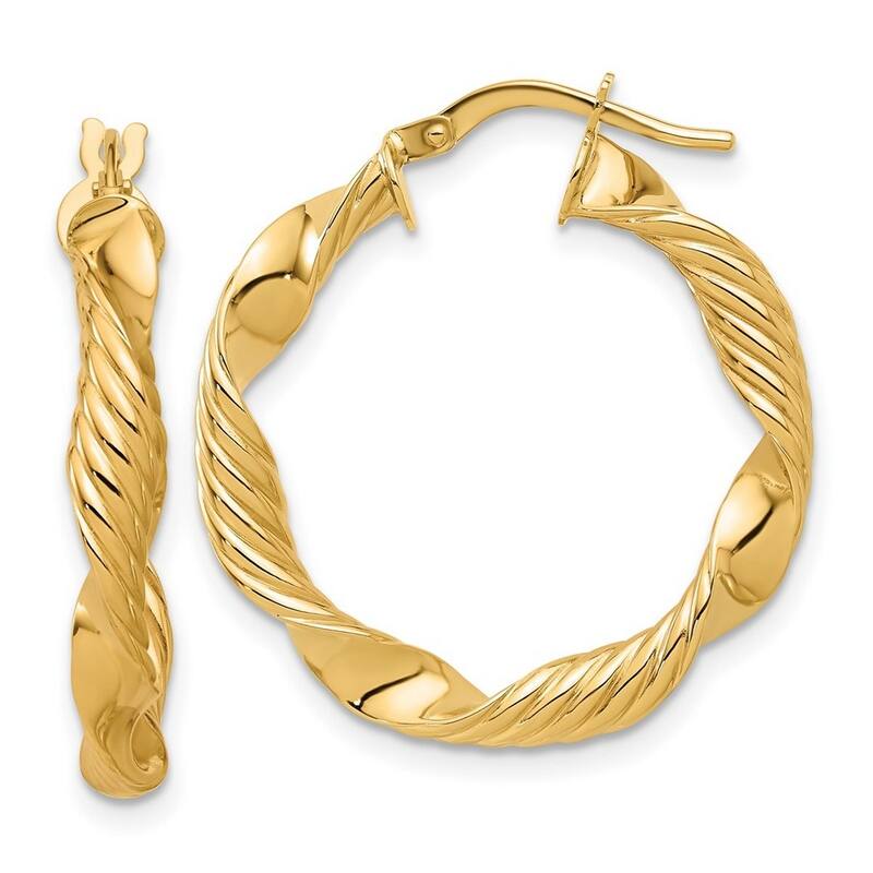 Curata 14k Yellow Gold Polished and Textured Round Hoop Earrings - 26.2x26.17mm