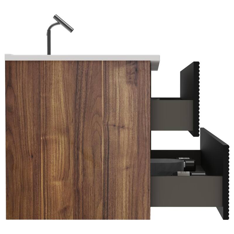 GDFStudio - Gloria Modern Wall-Mounted Floating Bathroom Vanity with Integrated Ceramic Basin & Soft-Close Drawers