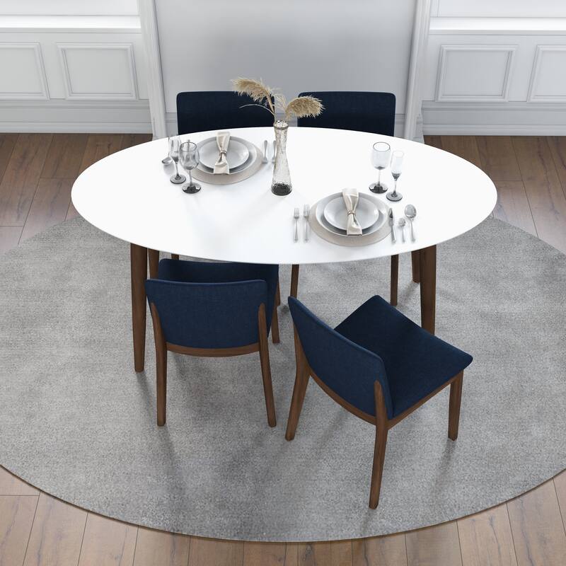Kacia 5-Piece Mid-Century Modern Oval Dining Set with 4 Linen Dining Chairs in Blue