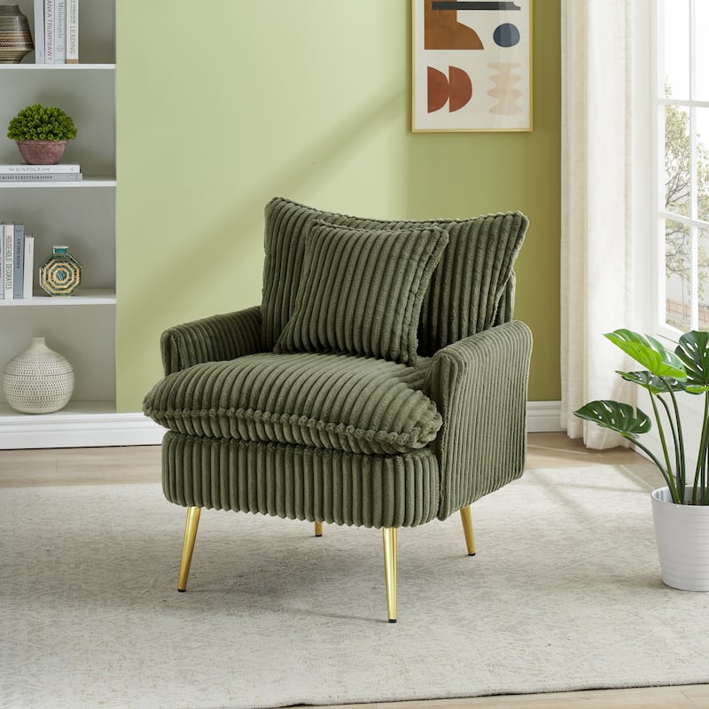 Corduroy Single Sofa Chair, Ergonomic Lounge Reading Chair, Upholstered Decorative Chair with Pillow & Metal Legs
