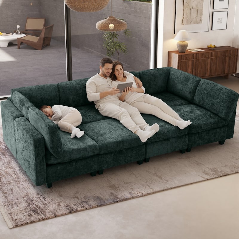 GDFStudio - Chenille Fabric 8-Seat 128" Modular Sectional Sofa with Storage & Solid Wood Frame