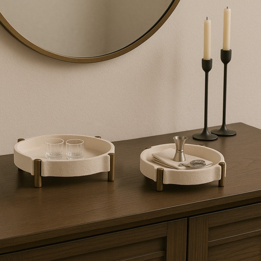 Pottery and Metal Round Accent Tray- Set of 2 - 14", 11", Beige & Gold - 14.0"