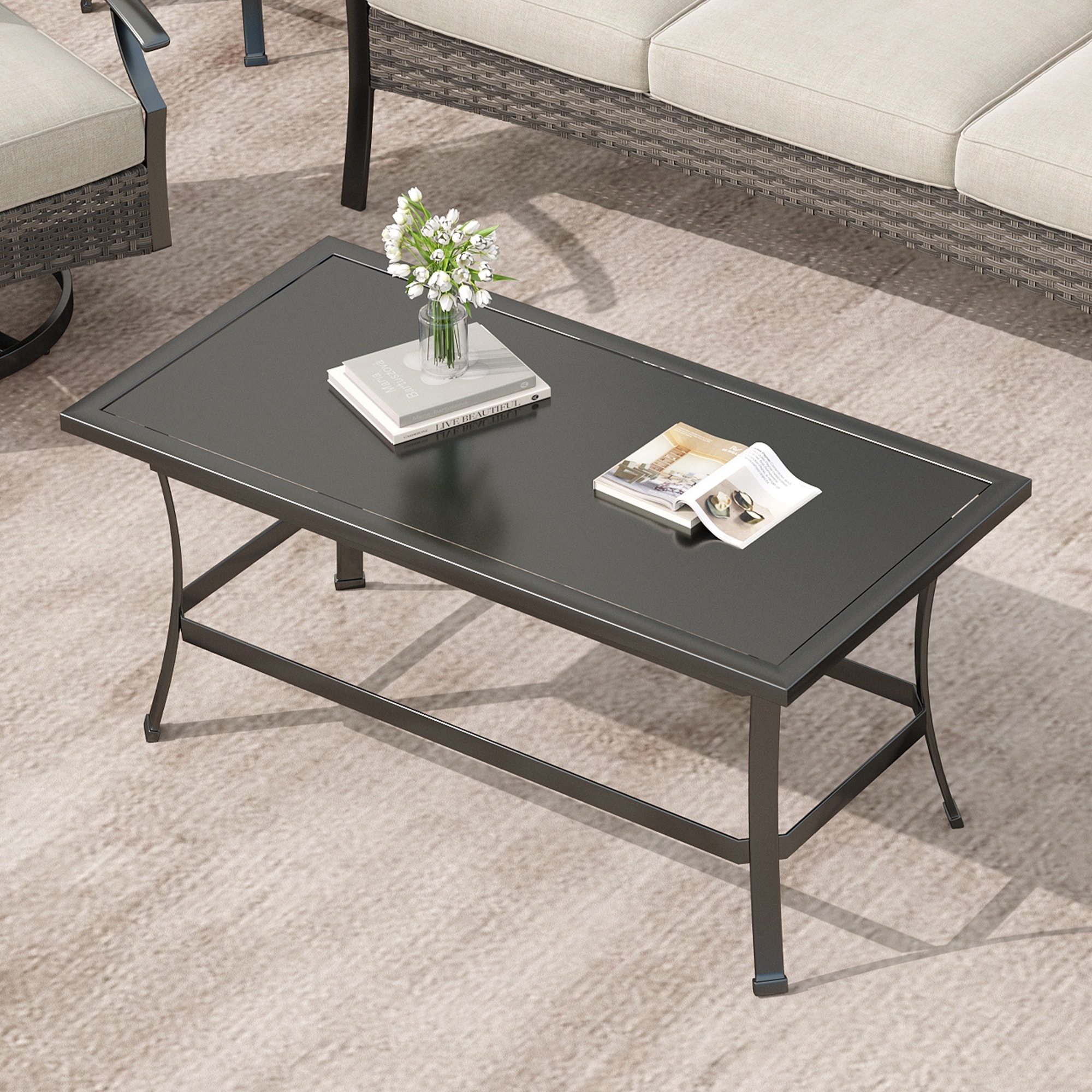 Outdoor Patio Metal 41" W Coffee Table with Glass Top