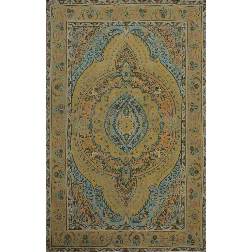 Hand Knotted Oriental 100% Wool Carpet Traditional Floral Yellow & Gold Tabriz Area Rug - 9' 5'' X 6' 5''