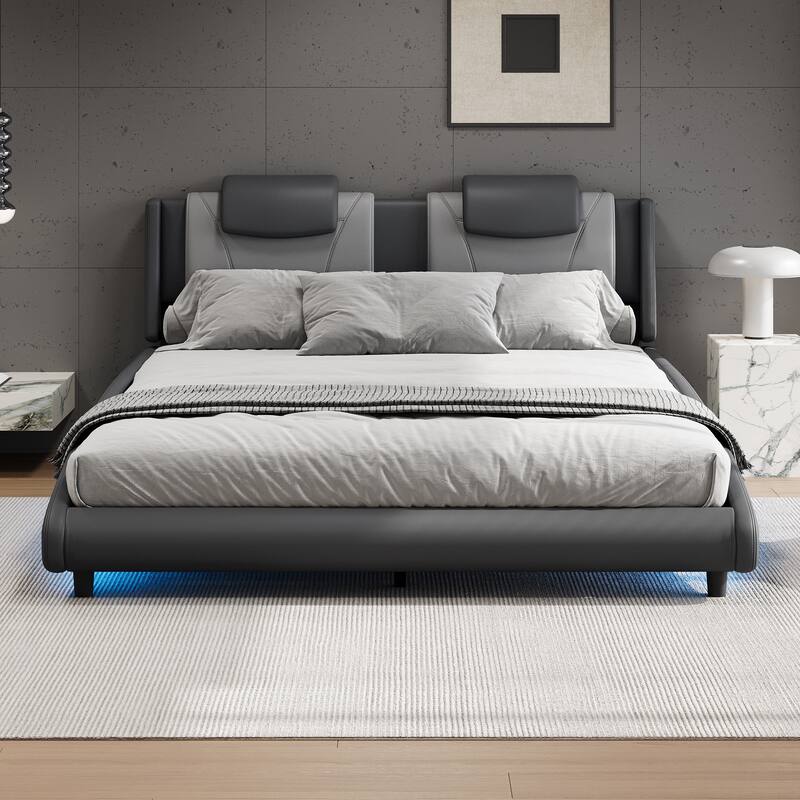 Modern Full Size PU Upholstered Platform Bed Frame with LED Lights and Adjustable Headboard, No Box Spring Needed