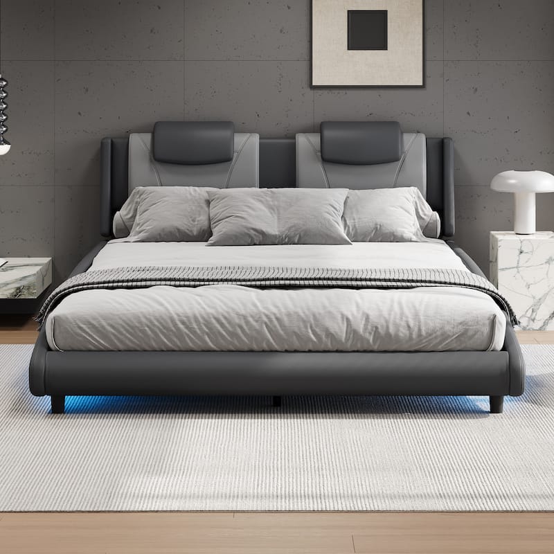 Modern Queen Size PU Upholstered Platform Bed Frame with LED Lights and Adjustable Headboard, No Box Spring Needed - Grey