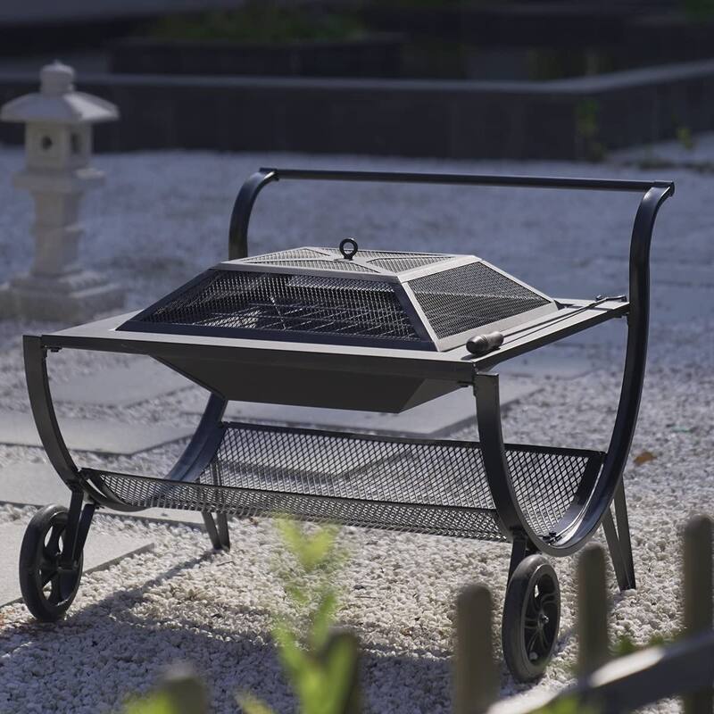 Patio Fire Pits Outdoor with Wheels and 27" Steel Square Firepit BBQ Grill