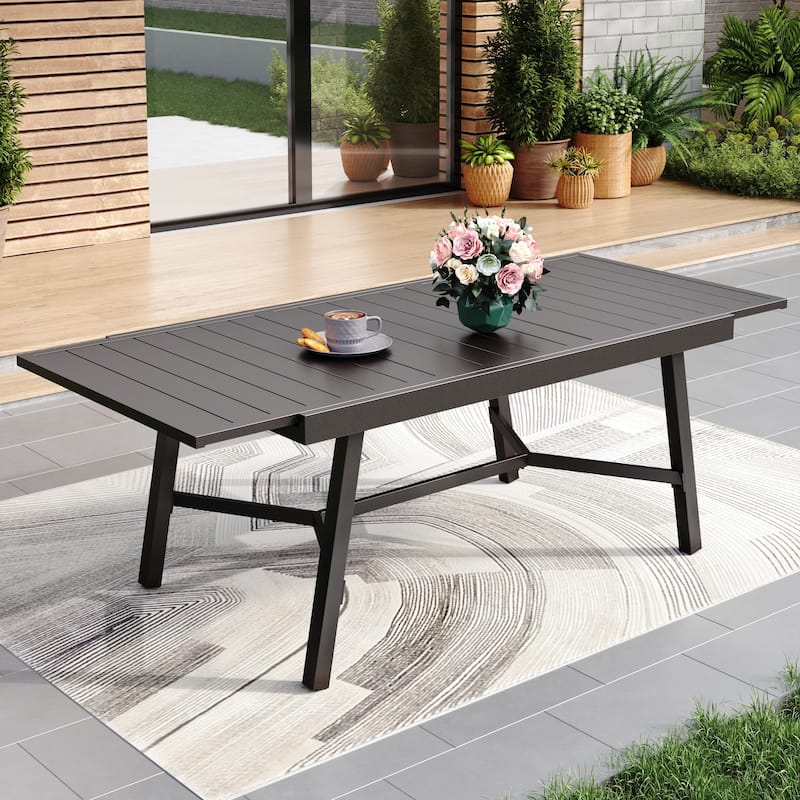 Expandable Metal Patio Dining Table for 6-8, Adjustable Legs, Black Grate Top - Black