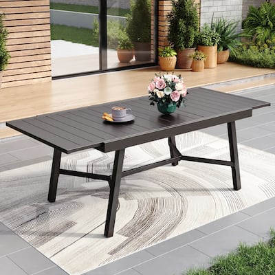 Expandable Metal Patio Dining Table for 6-8, Adjustable Legs, Black Grate Top