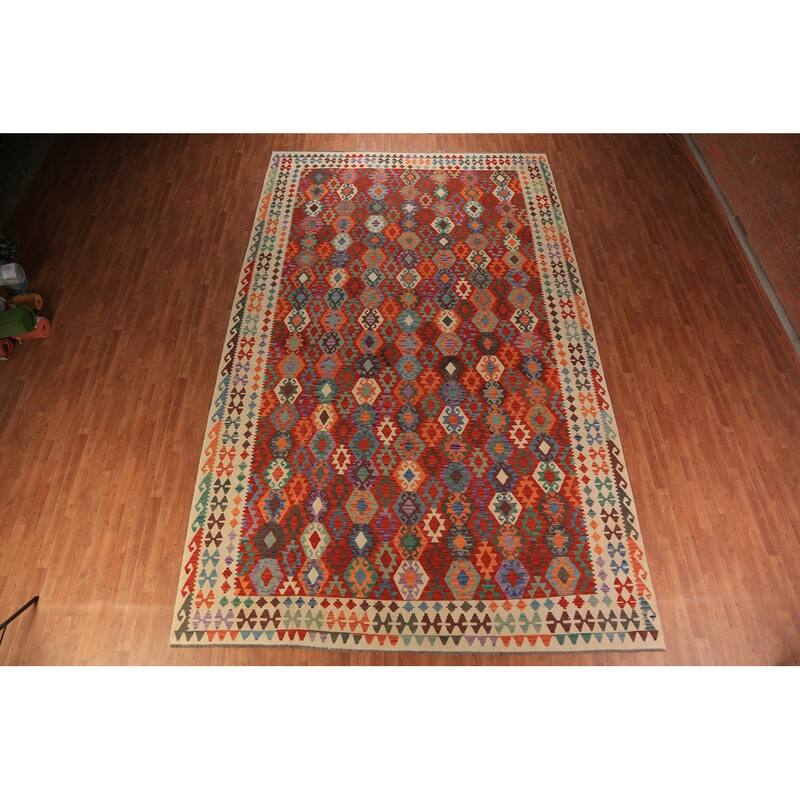 All-Over Geometric Kilim Oriental Large Rug Hand-Woven Wool Carpet - 10'0" x 16'2"